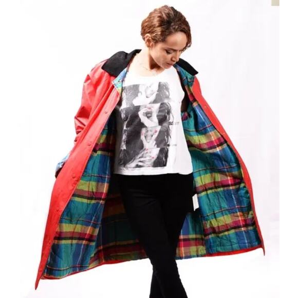 Vintage‎ Misty Harbor Any Weather Slicker Plaid Line Raincoat Women Size L Red - Picture 1 of 8